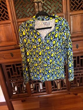 IBKUL GEMMA Periwinkle Multi Leopard Long Sleeve Mock Golf Shirt